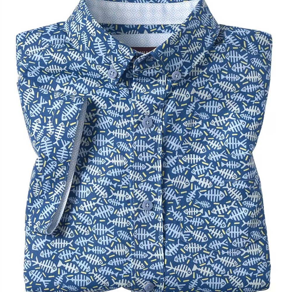NWT Johnston & Murphy Blue Fishbone Print Button Down Shirt Size M (8-10)